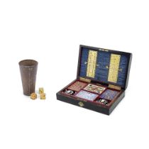 A late Victorian Coromandel Gaming Compendium together with an early 20th century leather dice s...