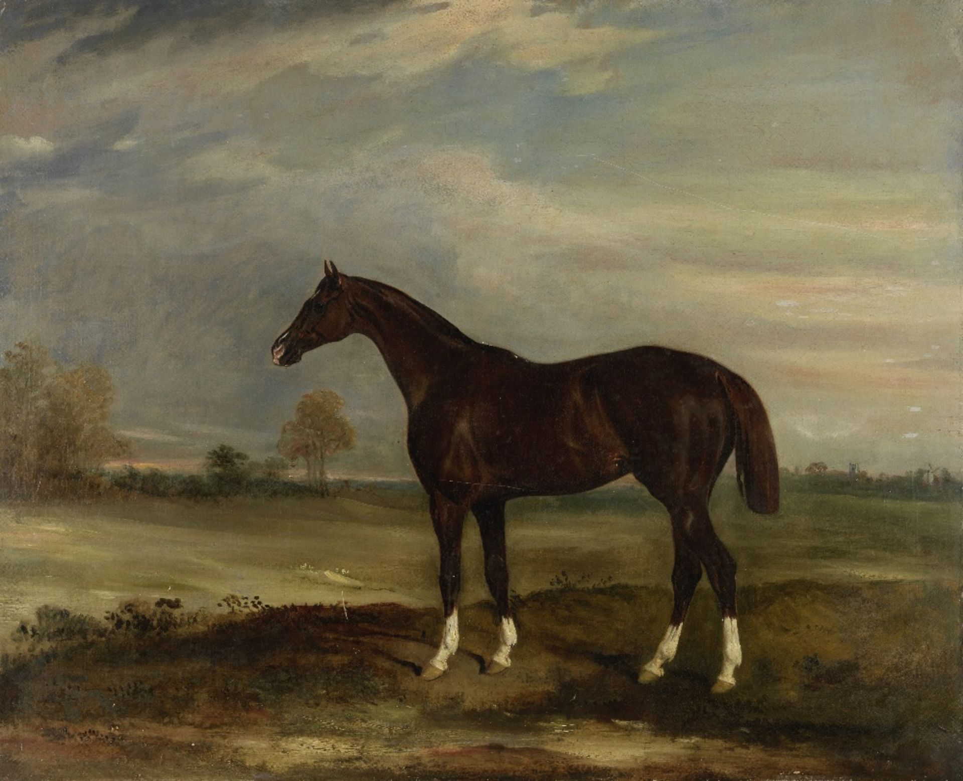 Mr E H Reynard's Liver chestnut hunter 'Revolution' in a landscape, Hutton Cranswick church and ...