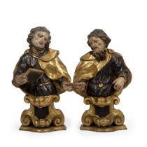 A pair of 18th century Italian carved polychrome and gilt wood figural half figural busts of St...