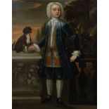 English School, 18th Century Full length portrait of a gentleman in a blue coat with a dog