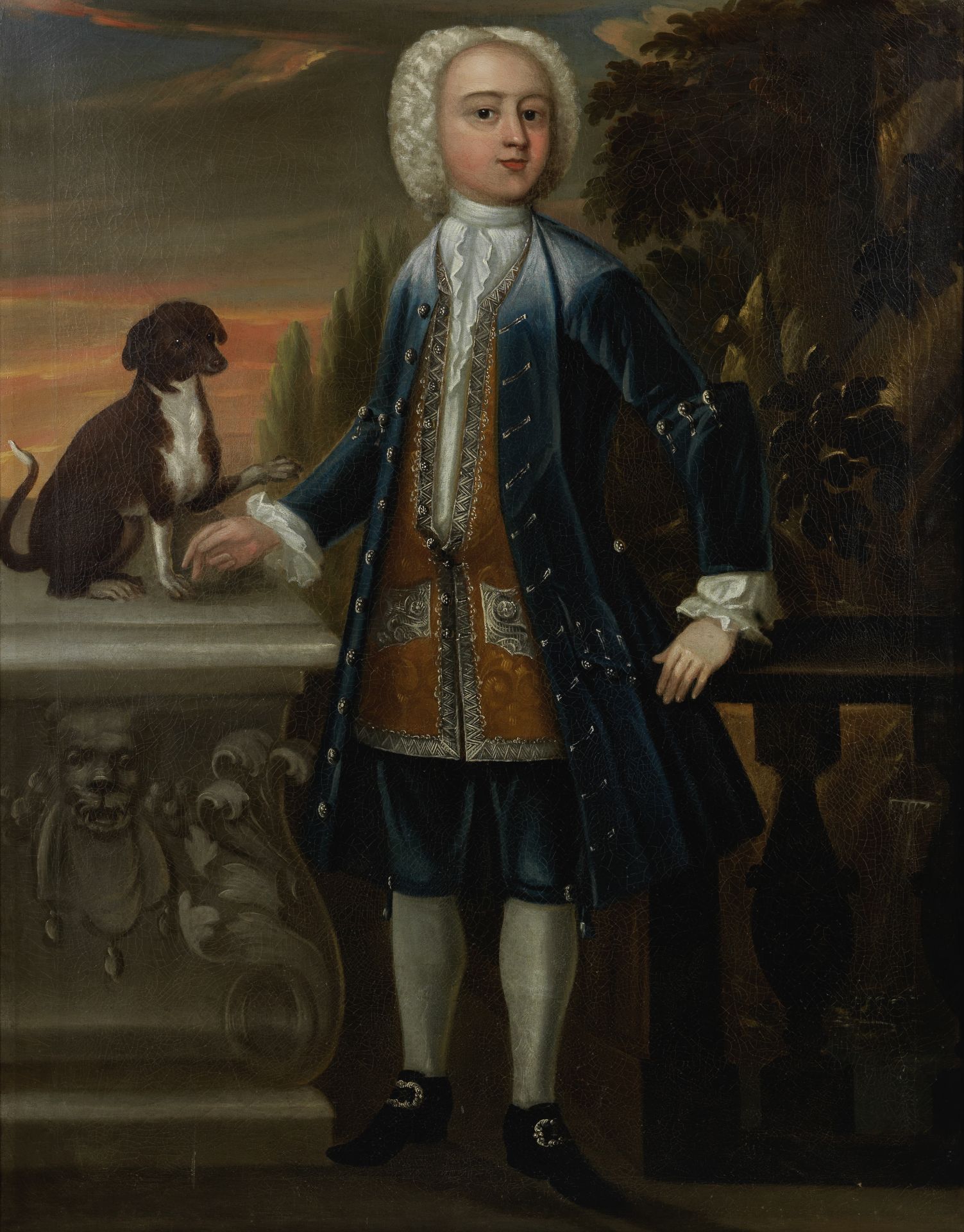 English School, 18th Century Full length portrait of a gentleman in a blue coat with a dog