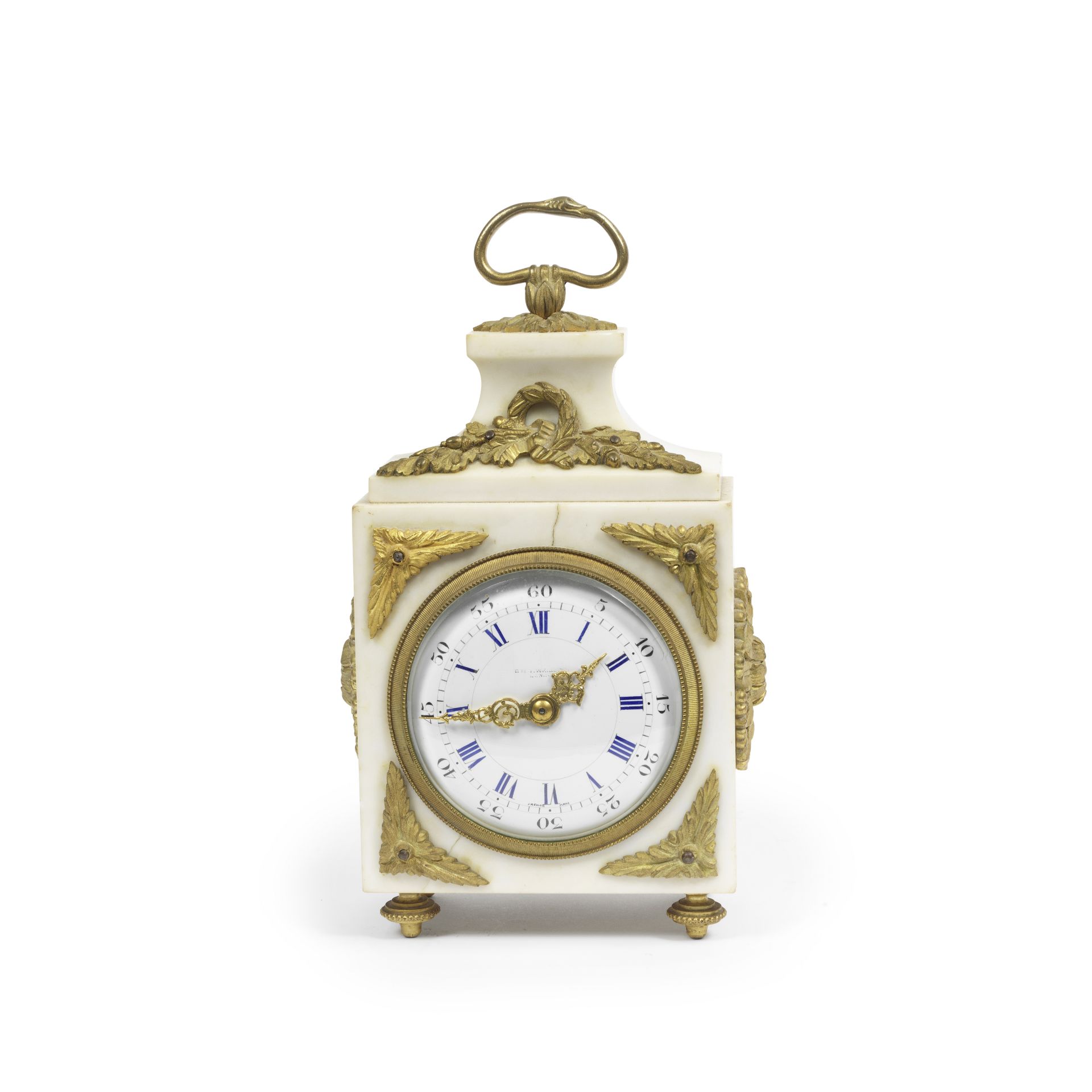 A late 19th century French gilt bronze and white marble 'pendule d'officer' timepiece in the Lou...