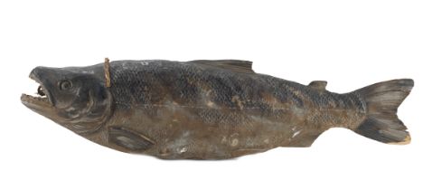 A carved and painted wood model of a trout possibly a fishmonger's hanging shop display