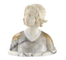 An early 20th century Italian carved cream and veined alabaster portrait bust of a young womanin...