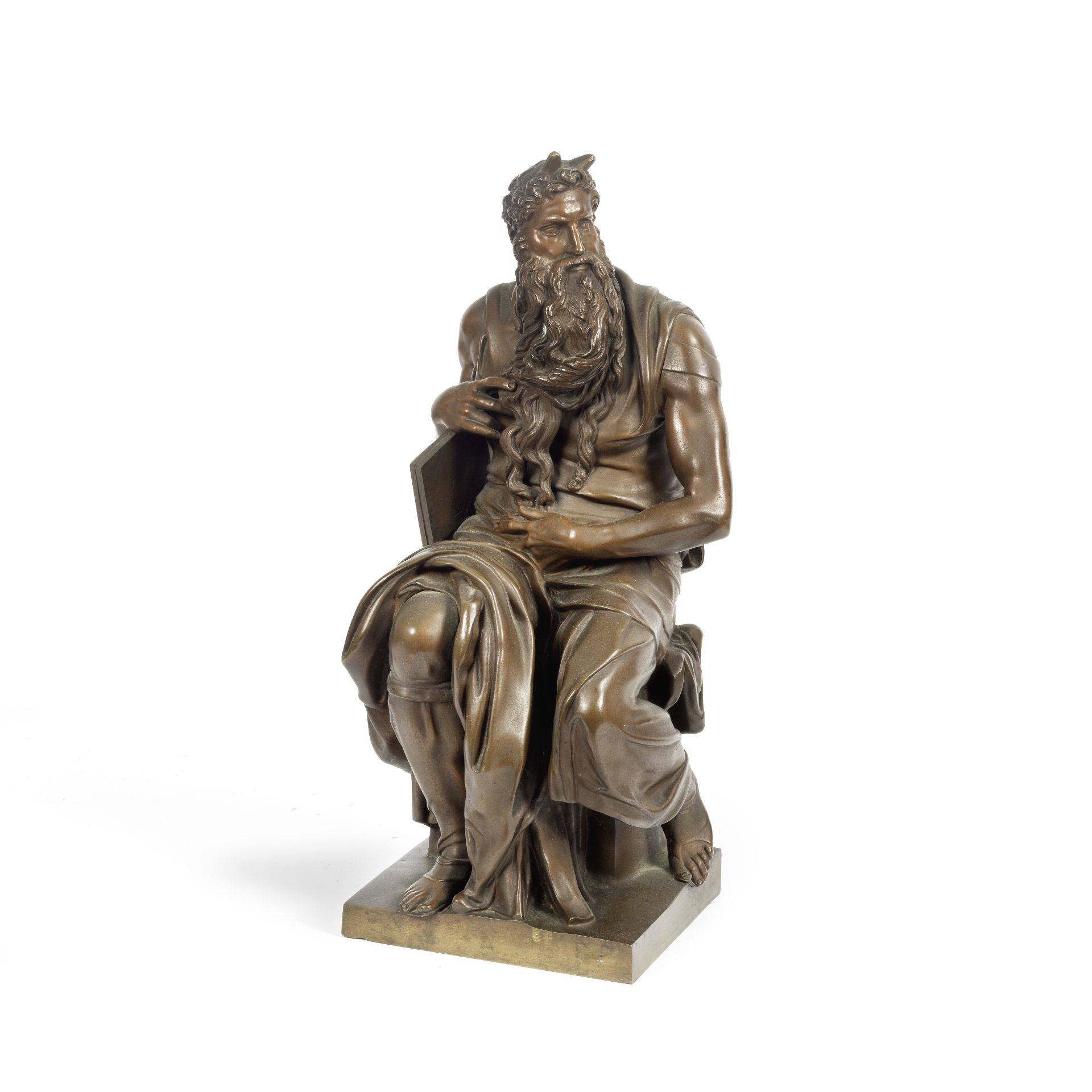 A late 19th century Belgium patinated bronze figure of Moses after Michelangelo (Italian, 1475-1...