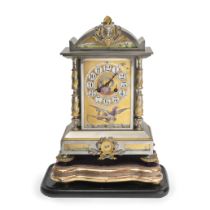 A late 19th century electroplated and parcel gilt and porcelain inset mantel clock the dial sig...