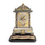 A late 19th century electroplated and parcel gilt and porcelain inset mantel clock the dial sig...