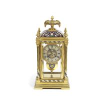 A late 19th century gilt brass and champlev&#233; enamel four glass mantel clock the movement st...