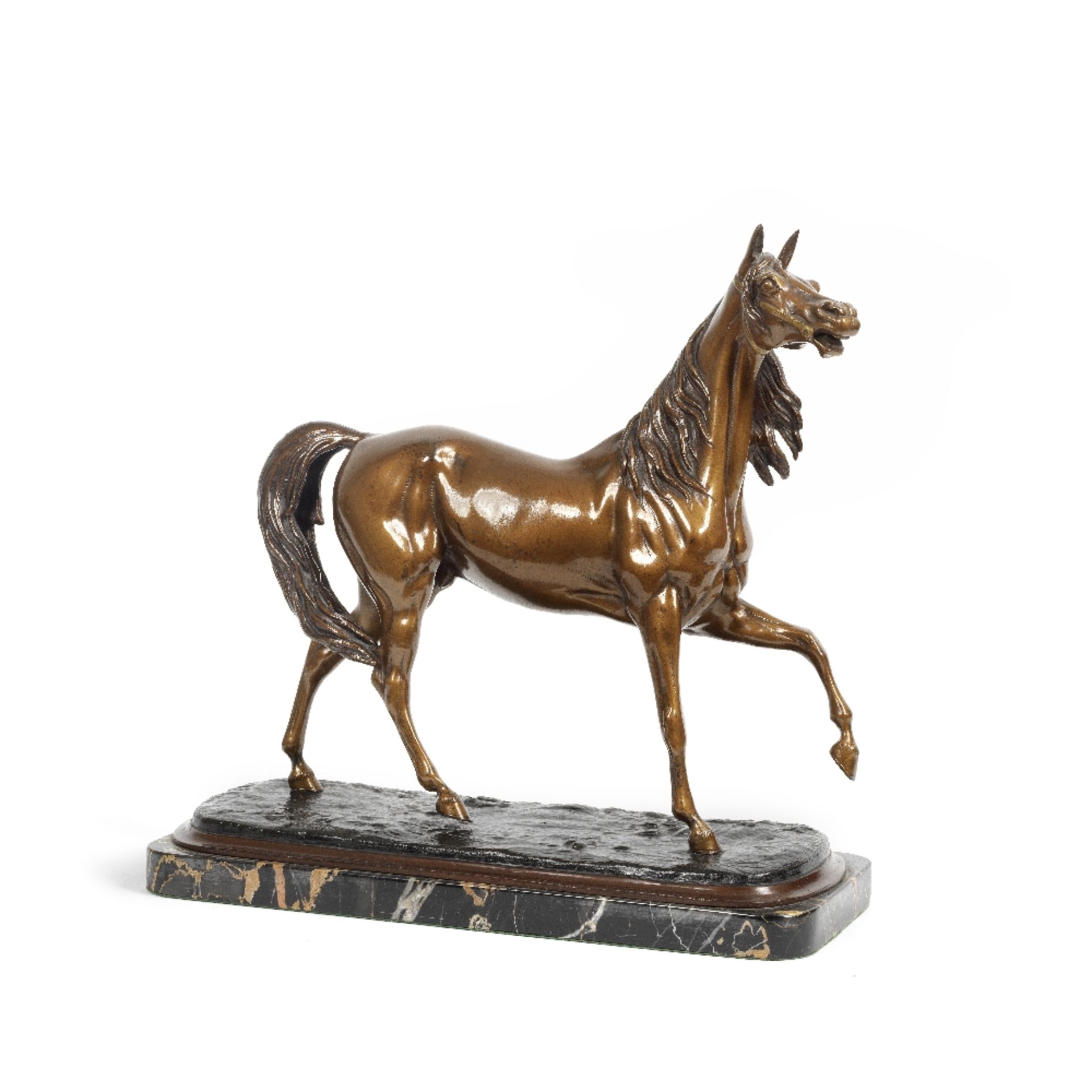 An early 20th century bronzed metal clad model of a skittish horse probably French