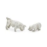 A pair of cast silver models of a bull and a bear representing the stock market cycles Edward Ba...