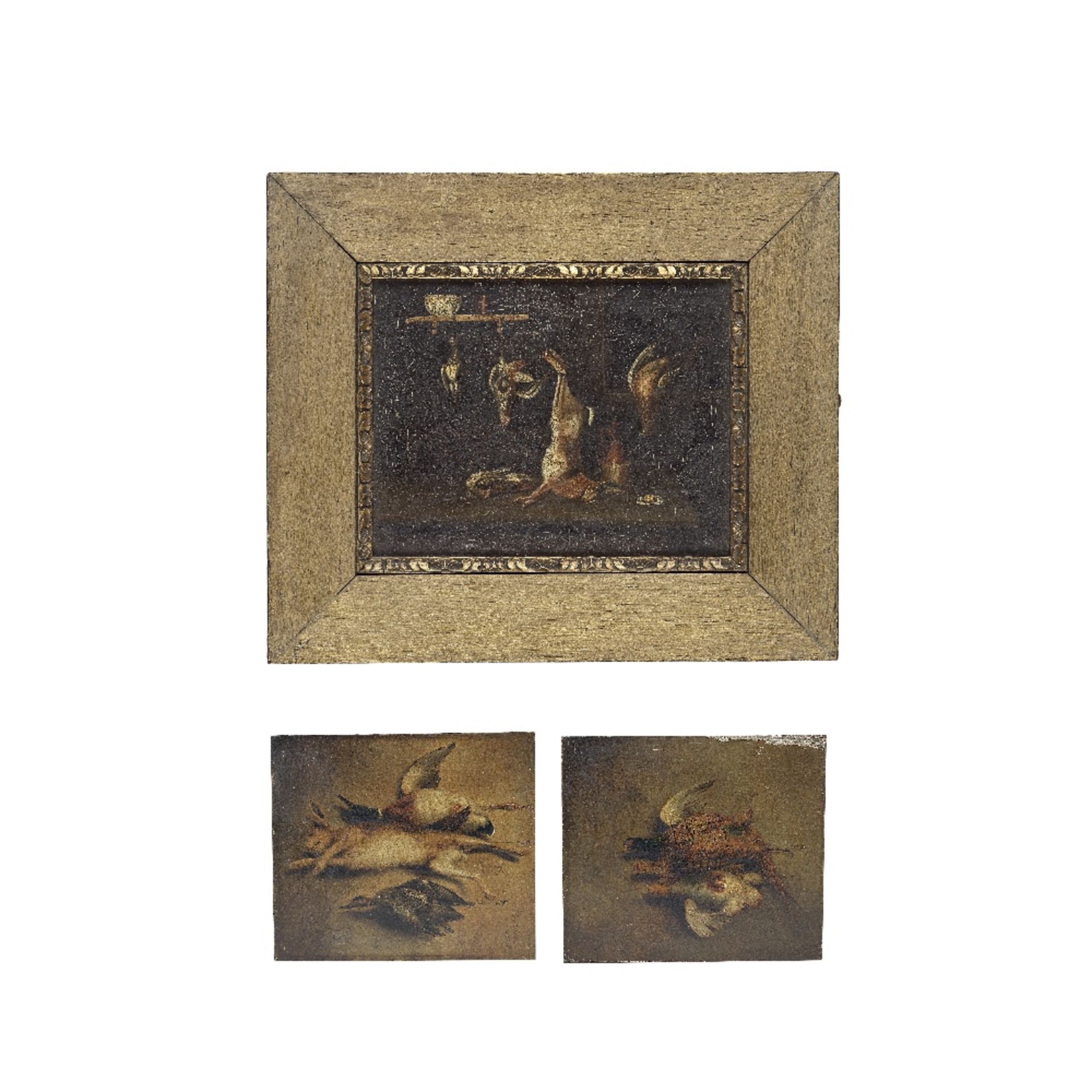 A near pair of late 19th century oil on panel pictures depicting dead game trophies together wit...