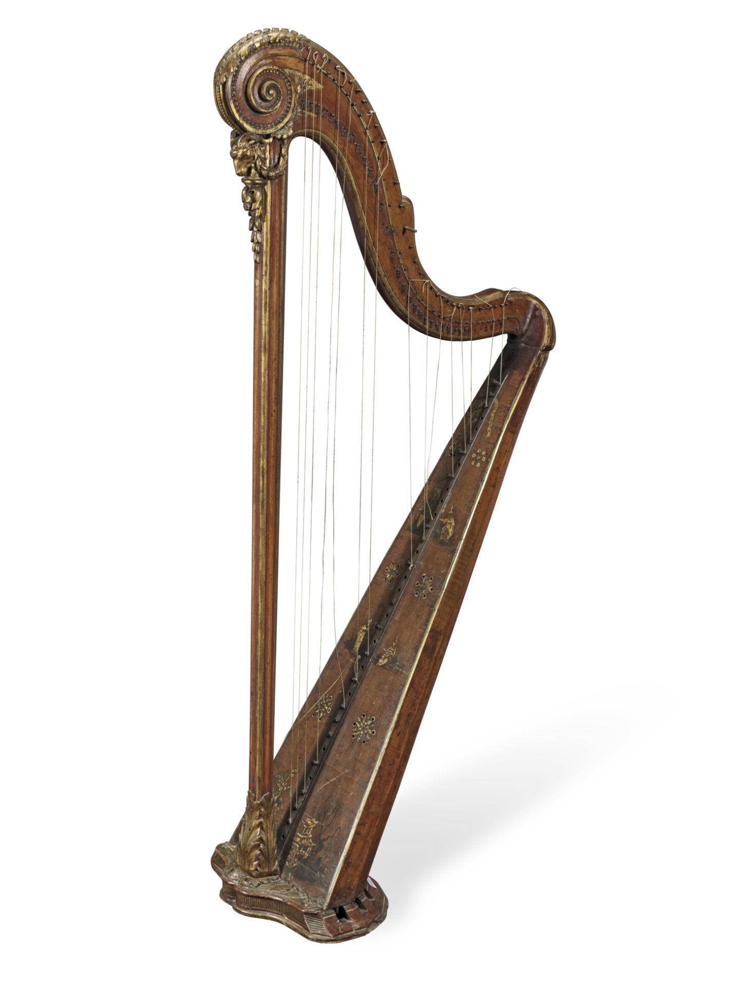 A late 18th/early 19th century French polychrome decorated and parcel gilt pedal harp by George ...