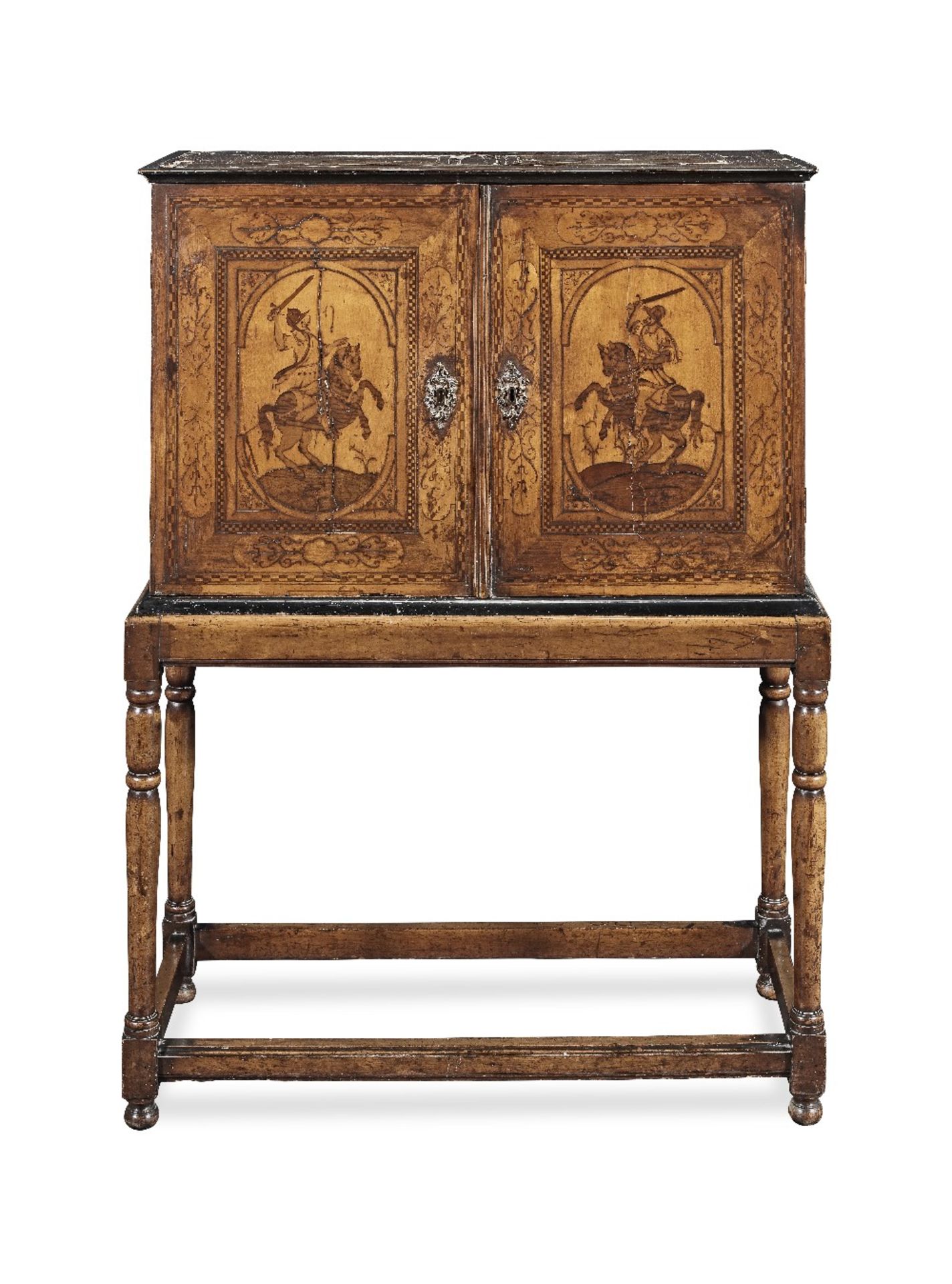 A German 17th century walnut, fruitwood, ebonised, ash, chequer inlaid and marquetry cabinet on ...