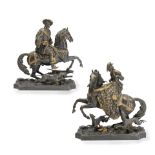 A pair of mid 19th century patinated and parcel gilt bronze historicism equestrian figures depic...