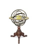 A late 19th century brass mounted mahogany armillary globe