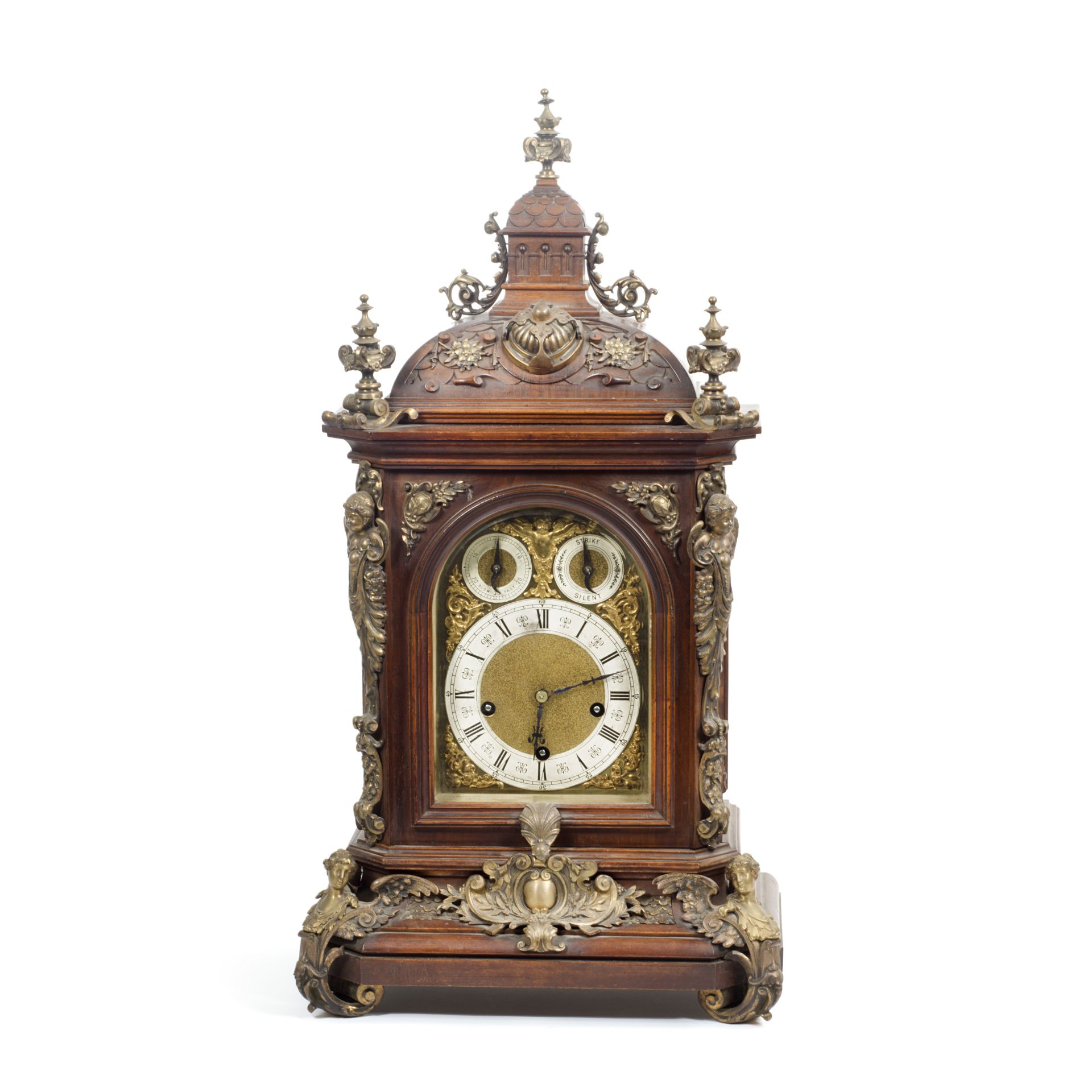 A late 19th / early 20th century gilt brass mounted walnut chiming bracket clock with bracket t...
