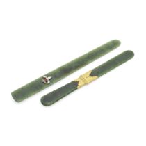 Two nephrite and gold paper knives unmarked, in the style of Alexander Tillander (2)