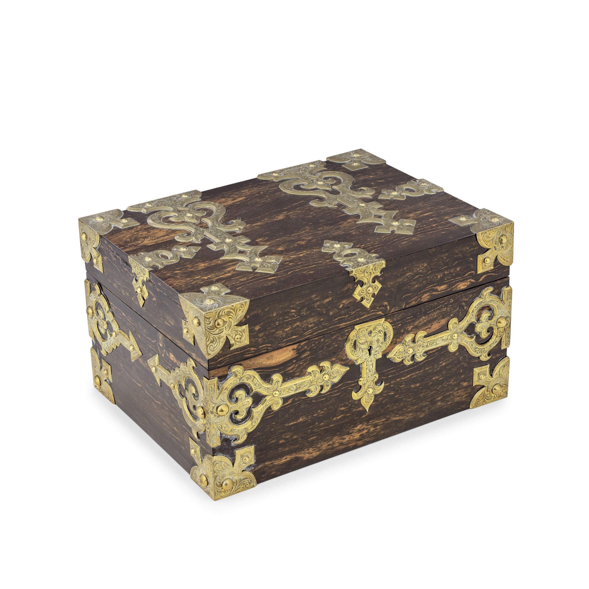 A late Victorian gilt brass mounted coromandel jewellery box the interior with inset engraved re...