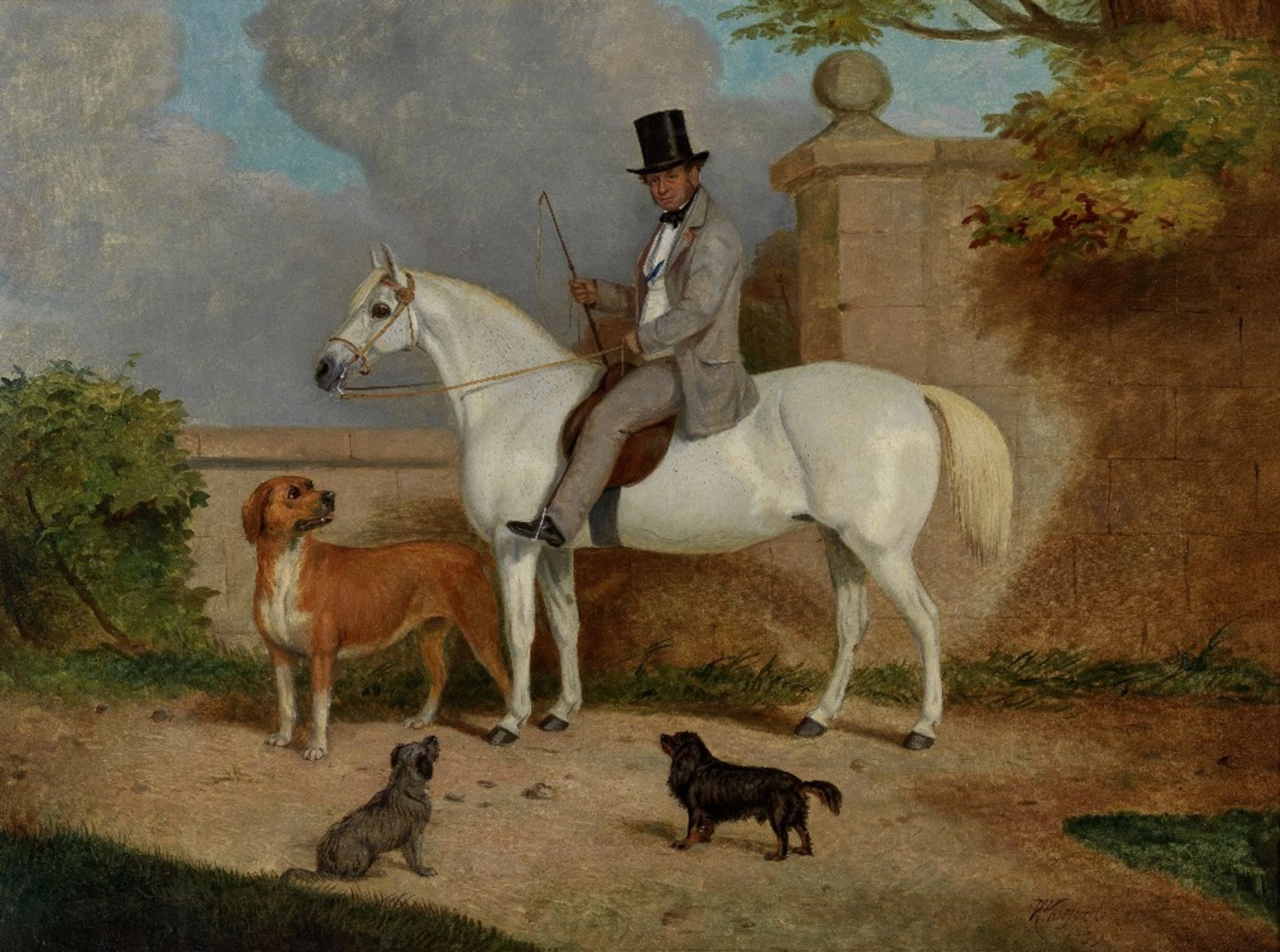 Richard Whitford (British, circa 1821-1890) Equestrian portrait of a gentleman on a grey horse a...