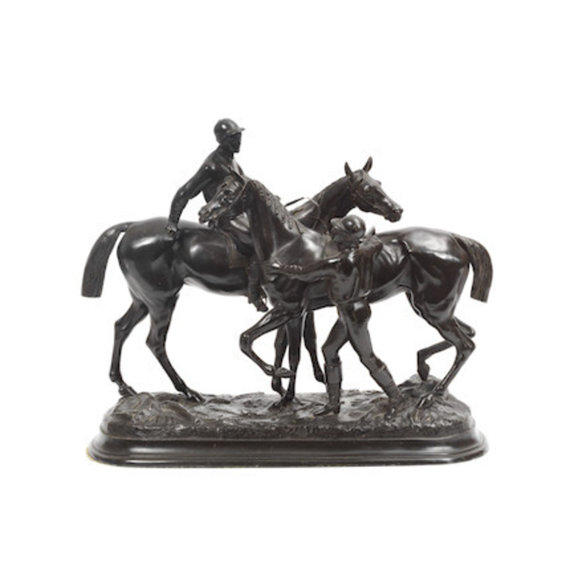 After Paul Louis Emile Loiseau-Rousseau (French, 1861-1927): A bronzed spelter equestrian group ...