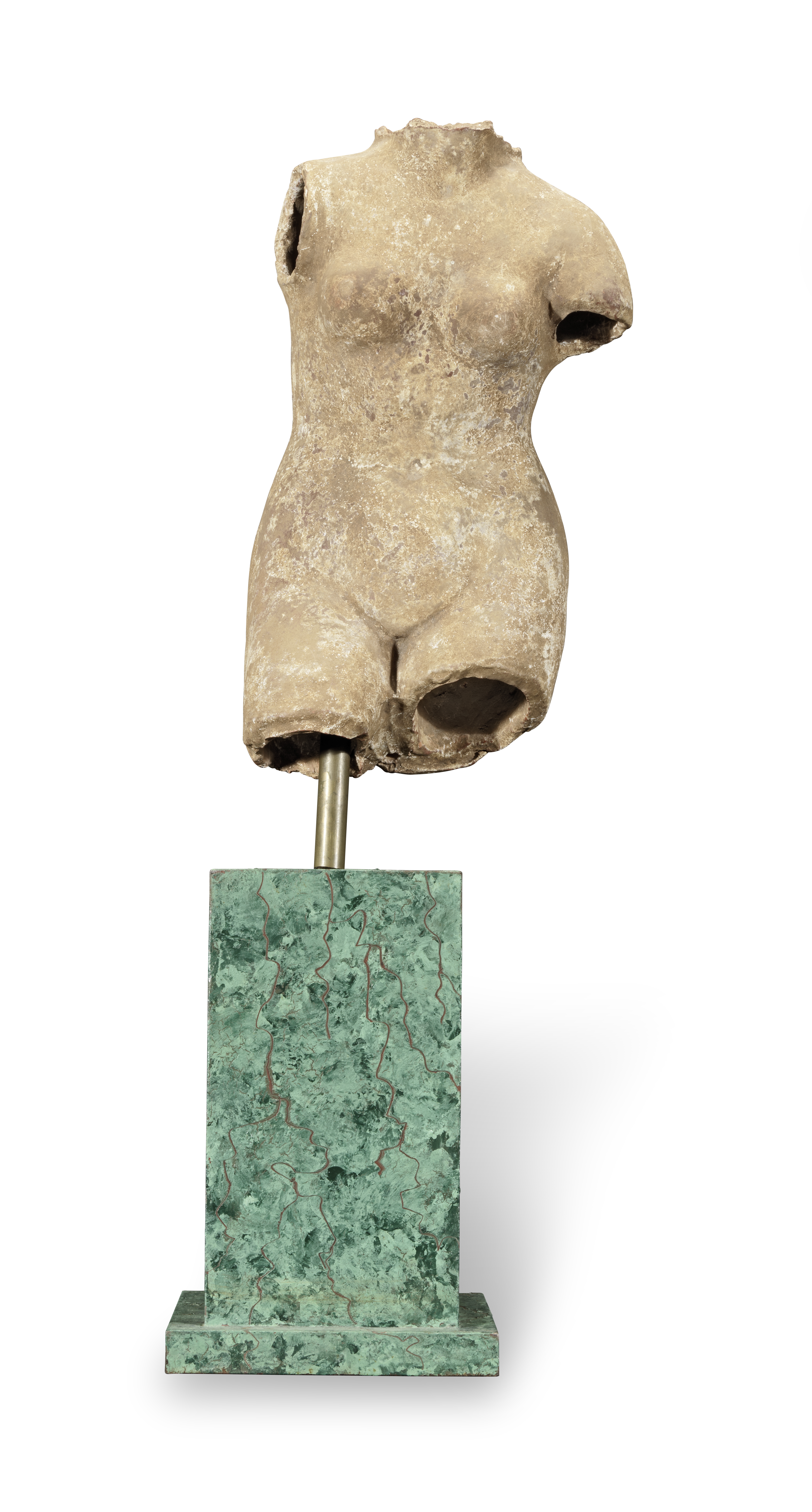 A decorative terracotta female torso raised on a faux malachite pedestal (2)