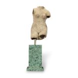 A decorative terracotta female torso raised on a faux malachite pedestal (2)