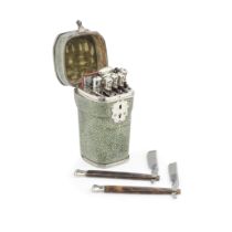 A silver-mounted shagreen gentleman's toilet set unmarked, probably 18th century, blade incuse s...