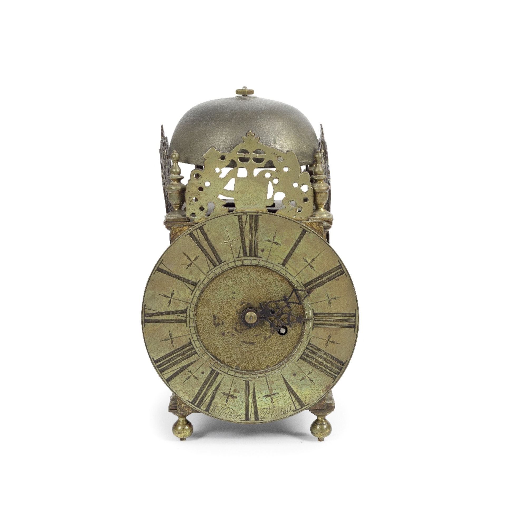 A brass lantern clock parts 18th century and later, the dial signed W. Hulbert, Bristol
