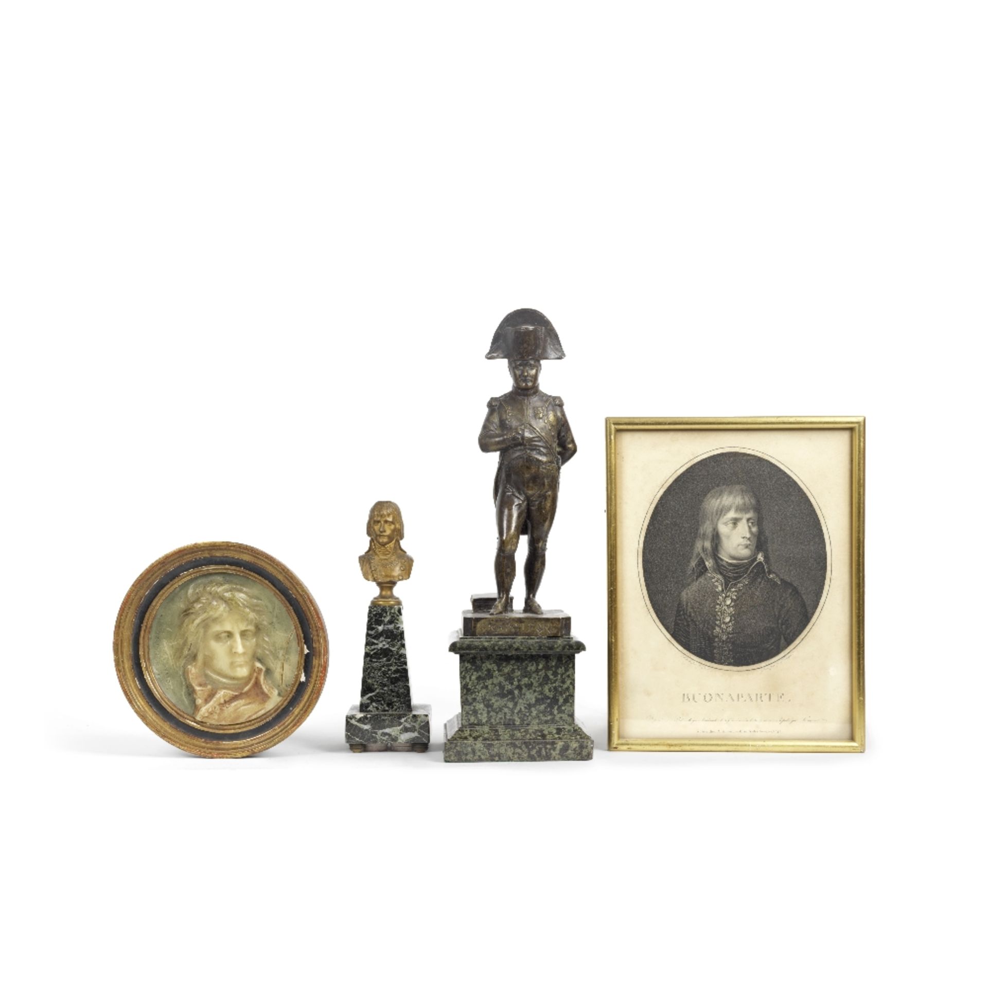 Of Napoleonic Interest: A late 19th century patinated bronze figure of Napoleon on marble base (4)