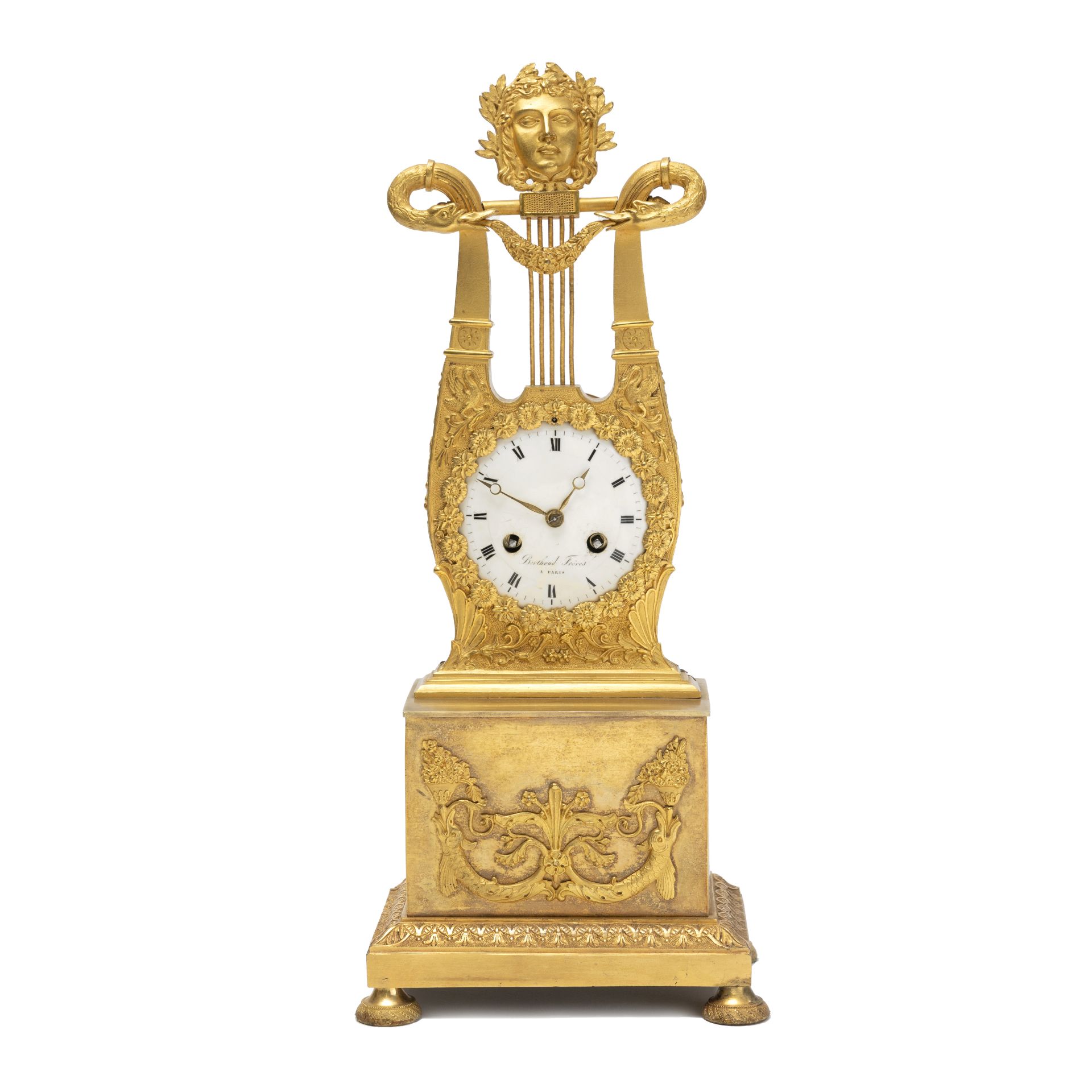 An early 19th century French gilt bronze lyre mantel clock the dial signed Berthoud Fr&#232;res ...