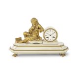 A third quarter 19th century French gilt bronze and white marble mantel figural mantel clock th...
