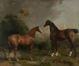 Thomas Mogford (British 1809-1868) Three horses in a woodland landscape