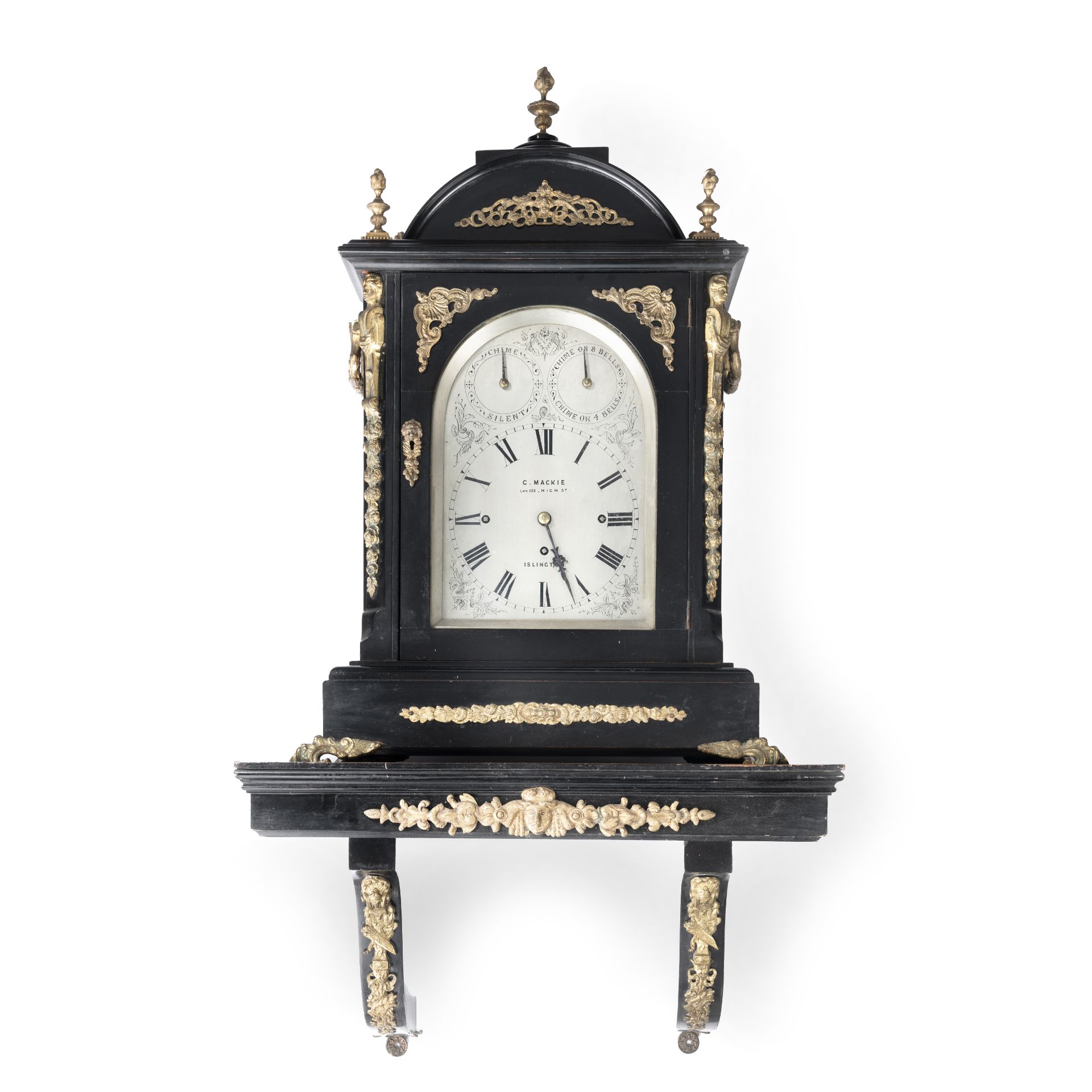 A late 19th century ebonised and gilt bronze mounted chiming bracket clock with matching bracket...