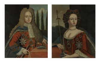 Continental School, 18th Century Portrait of a George II and Queen Anne before poplar trees, a p...