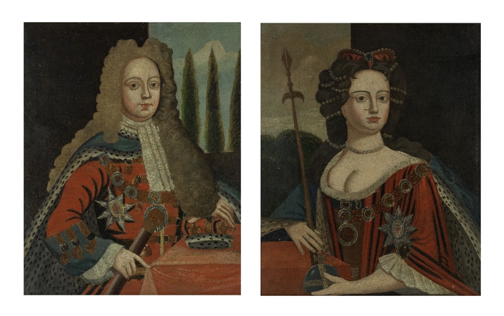 Continental School, 18th Century Portrait of a George II and Queen Anne before poplar trees, a p...