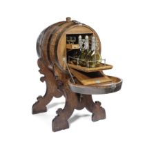 A late 19th/early 20th century continental plated copper mounted oak novelty barrel liqueur cabi...