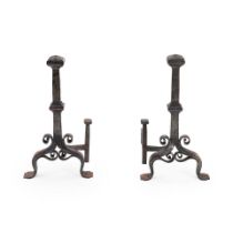 Pair of Large Arts and Crafts Wrought Iron Andirons, early 20th century, unmarked, ht. 37 3/4, w...