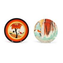 Two Clarice Cliff (1899-1972) Plates, Burslem, England, c. 1935, 'Forest Glen' plate, ink stamp ...