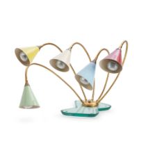 Mid-Century Modern Five-light Table Lamp, probably Italy, c. 1950, enameled and plated metal, gl...