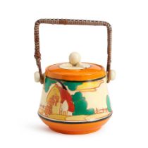 Clarice Cliff (1899-1972) 'Red Roof' Pattern Biscuit Jar, Burslem, England, c. 1930, rattan hand...