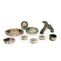 Eight Pieces of Modern Green Oribe Ware, Japan, late 20th/early 21st century, low basket, impres...