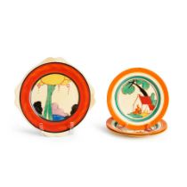 Four Clarice Cliff (1899-1972) Plates, Burslem, England, c. 1930, three 'Red Roof' plates, ink s...