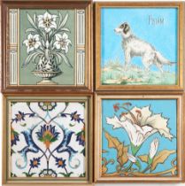 A Dog Tile and Three Floral Tiles, 'Priam,' Longwy, France, c. 1900, molded mark, tile with arab...