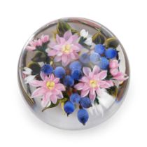 Rick Ayotte (b. 1944) Paperweight with Pink Flowers and Blueberries, New Hampshire, dated 1988, ...