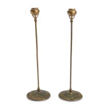 Pair of Tiffany Studios Patinated Bronze Candlesticks, New York, New York, early 20th century, i...