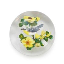 Rick Ayotte (b. 1944) Paperweight with Yellow Flowers and Bird, New Hampshire, dated 1984, incis...