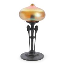 Gorham Table Lamp, Providence, Rhode Island, c. 1940, patinated metal, iridescent gold glass sha...