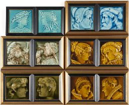 Six Pairs of American Portrait Tiles, City Girl and Country Girl, Columbia Encaustic Tile Co., A...
