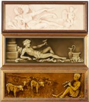 Three Figural Tile Panels, panel depicting a shepherd and panel depicting Venus and Cupid probab...