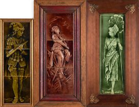 Three Figural Tile Panels, New Jersey, Trent Tile Co., c. 1900, tile depicting male wind player,...